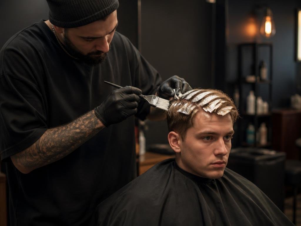 Aplicação de luzes e descoloração masculina na Barbearia Novo Estilo
